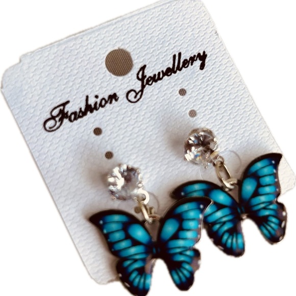 Cute Blue Resin Butterfly Rhinestone Enamel Fashion Dangle Earrings set 1.25" - Picture 3 of 3